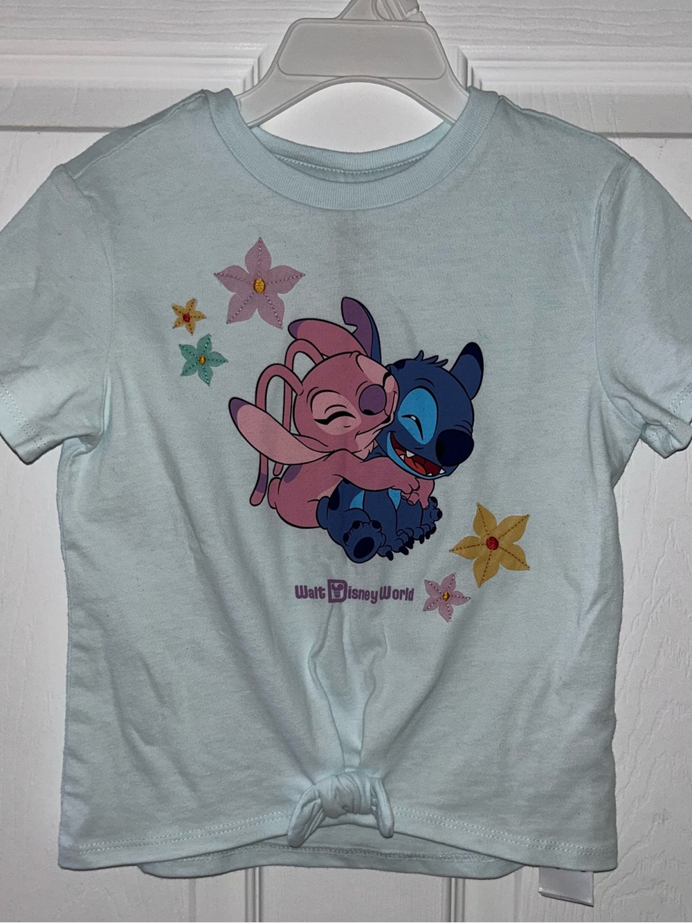 Disney Light Blue Girls' Stitch & Angel Graphic Tee with Front Knot